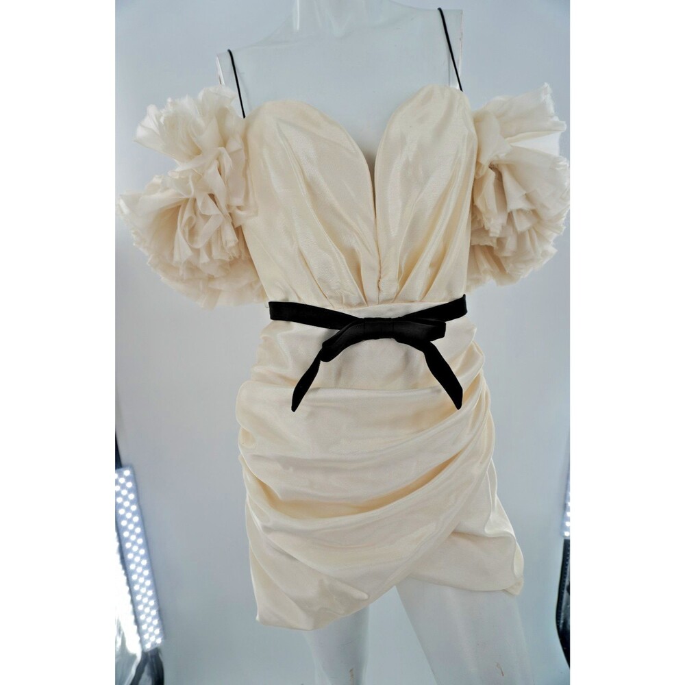 House of CB Ivory Ruched Off-Shoulder Ruffle Mini Dress Black Ribbon Bow Size L